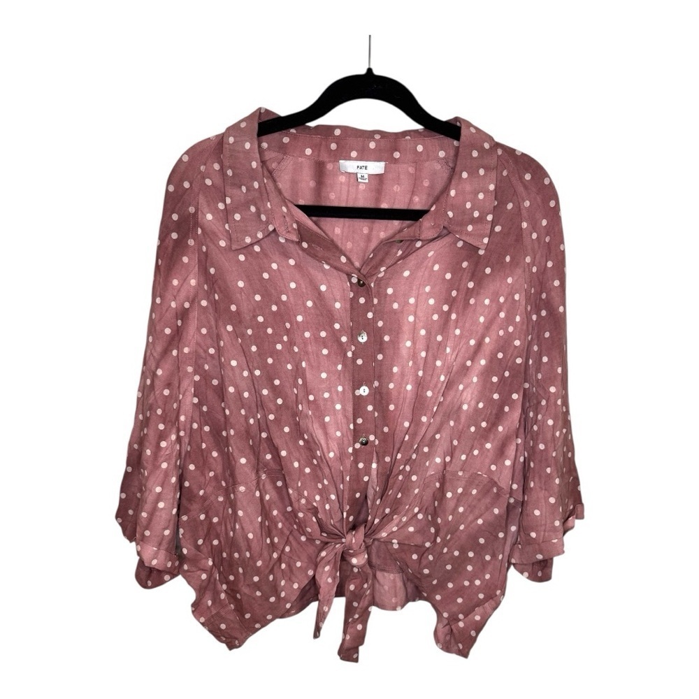Fate Pink Ombre Polka Dot Tie Front Button Down Blouse